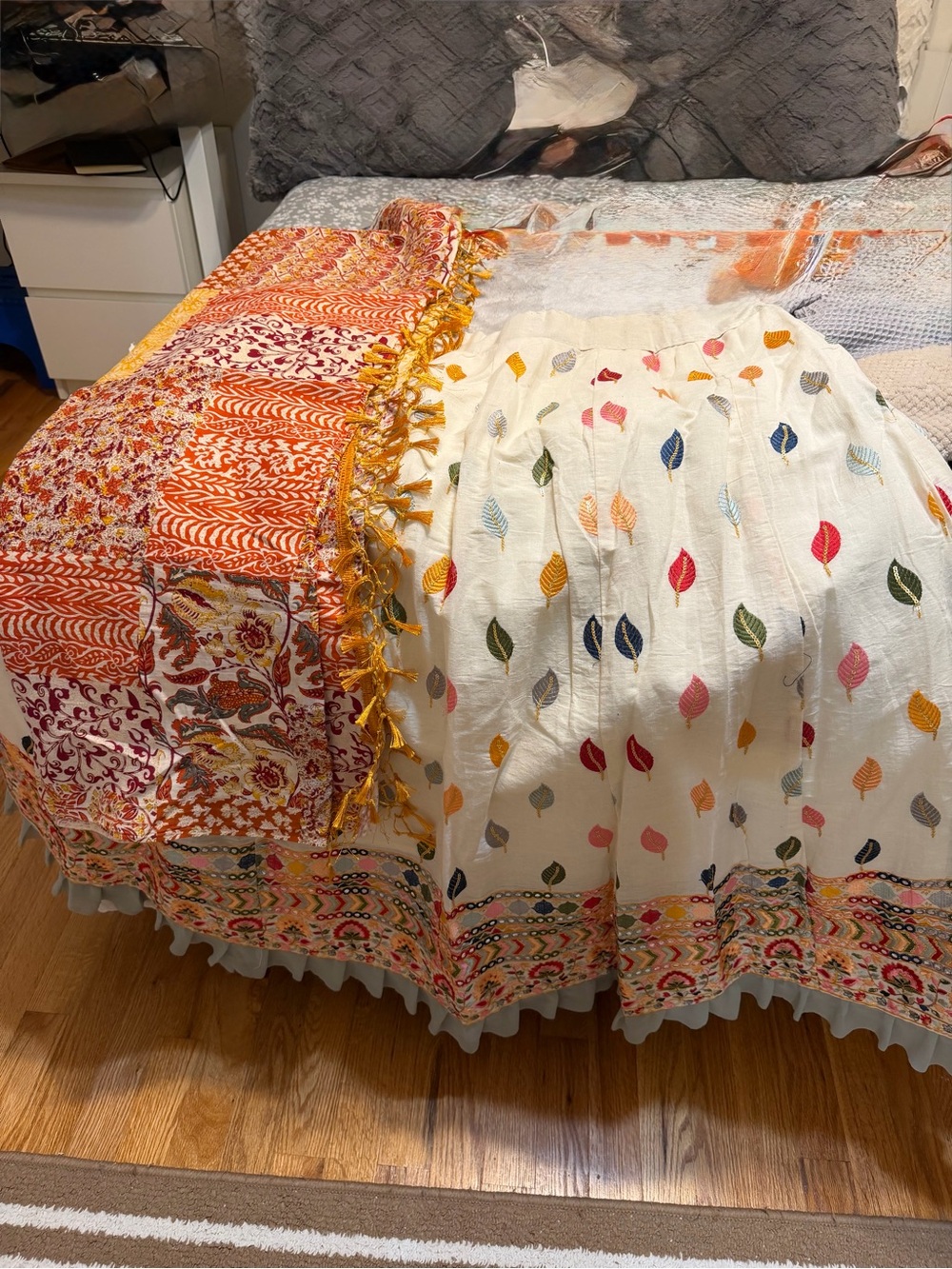 Boho Multicolor Cotton Quilt Throw - White with Orange Accents